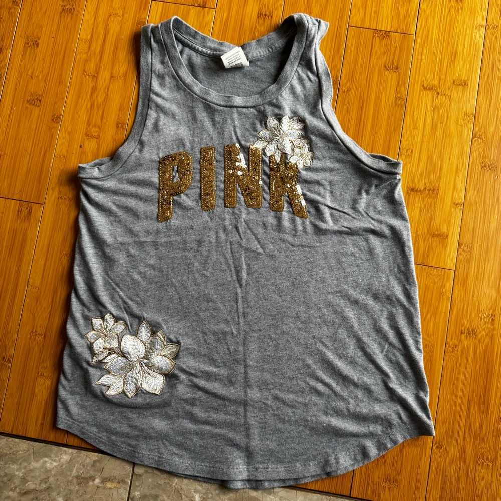 🦄 PINK Victoria's Secret Gray Tank Top with Gold Accents